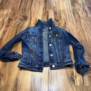 American Eagle Denim Jacket Women’s Small Dark Wash Distressed Button Front